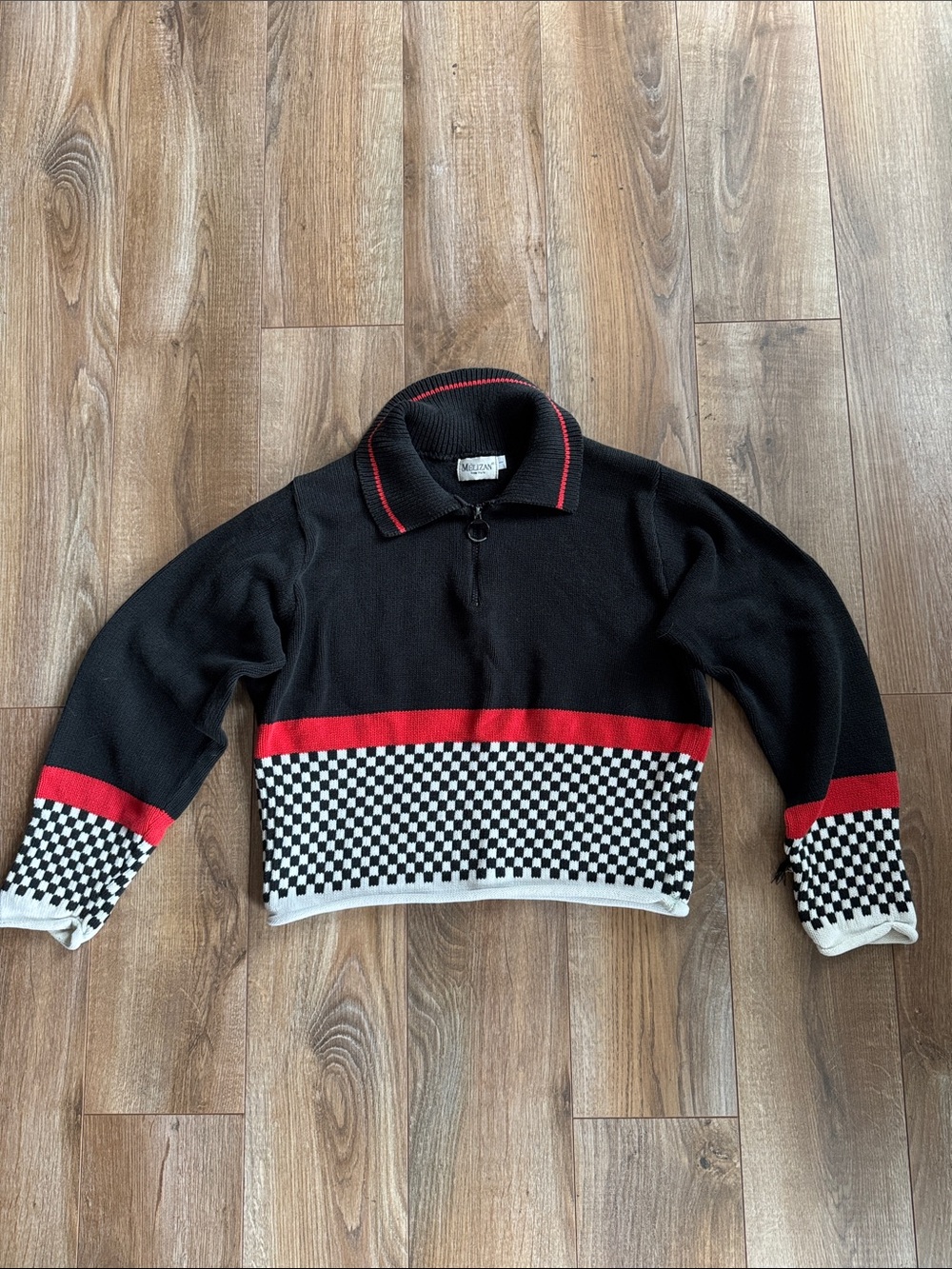 Vintage black red and checker board half zip cropped sweater